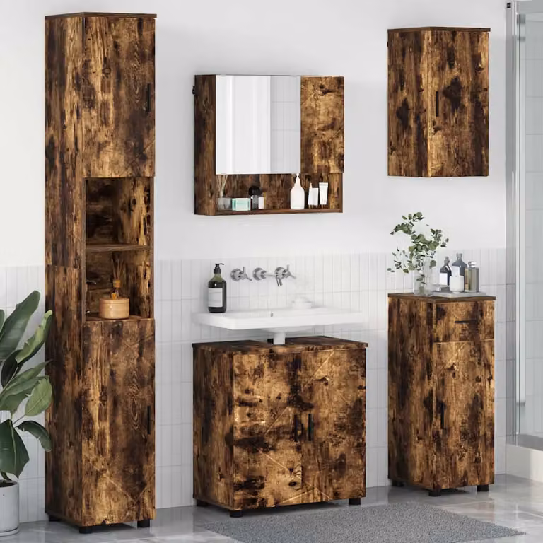 Set di mobili da bagno moderno vidaXL in 5 pezzi color rovere marrone con specchio e armadietto L: 61 cm, P: 35 cm, H: 64 cm