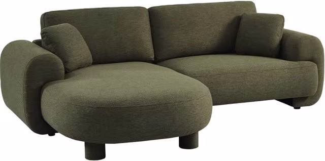 Divano angolare sinistro Sweeek in tessuto verde con cuscini decorativi e coperture rimovibili per il tuo soggiorno, L/P/H: 231 x 160 x 78 cm