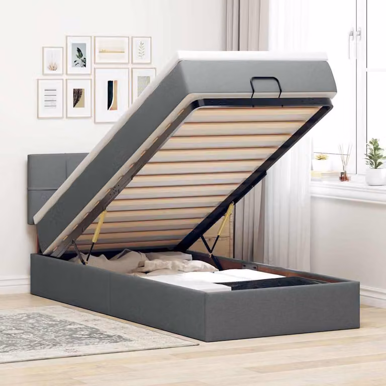 Letto con Pouf e Materasso vidaXL in Tessuto con Base a Sollevamento, Illuminazione Sotto il Letto e Porte USB, Grigio e Bianco, L/P/H: 190 x 90 x 45 cm