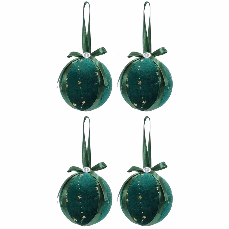 VESTIAMO CASA Set di 4 Palline di Natale in Tessuto Verde e Oro con Effetto Velluto, Diametro: 10 cm