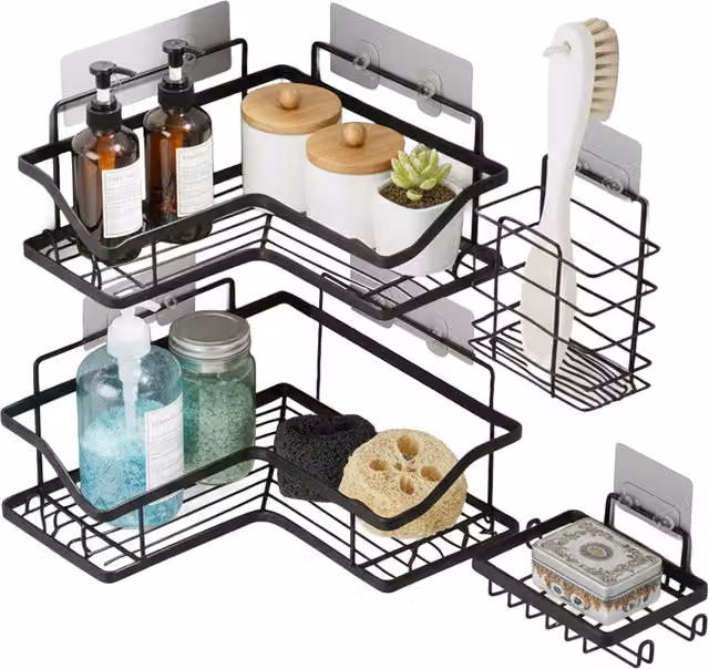 Kit di 4 mensole adesive da parete Avilia Home in metallo nero opaco con ganci per bagno e cucina