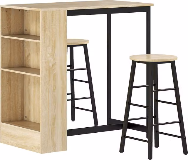 Set tavolo alto HOMCOM con 2 sgabelli, poggiapiedi e 3 scomparti, rovere marrone