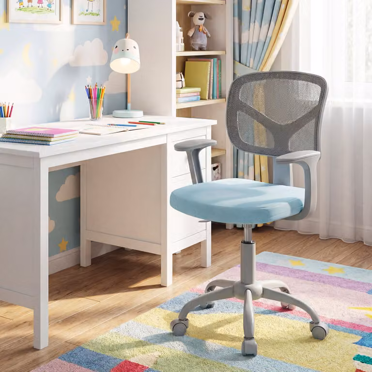 Sedia da scrivania girevole per bambini Costway, modello moderno con braccioli e seduta in tessuto blu chiaro