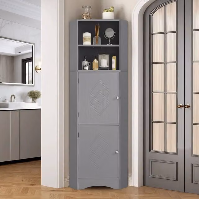 Armadio angolare da bagno Aosom Italy grigio con ripiani regolabili e ante a battente, L/P/H: 36.5 x 36.5 x 155 cm