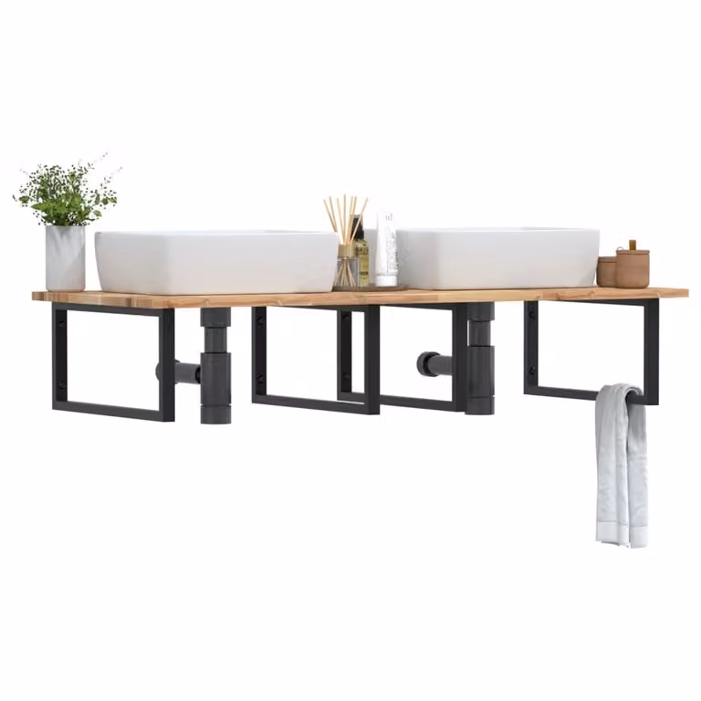 vidaXL Ripiano a Parete per Lavabo in Legno di Acacia e Metallo, Nero e Marrone, L: 120 cm