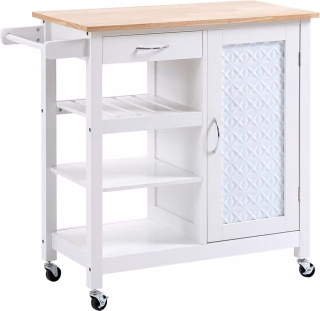 Carrello da cucina Aosom con 1 cassetto, 1 armadietto, 1 ripiano aperto e portasciugamani, Bianco, L 92 x P 40 x H 84 cm