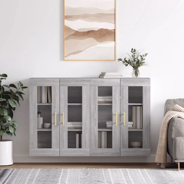Set di 2 armadietti a parete vidaXL in legno e vetro con ante in vetro, colore grigio, stile minimalista