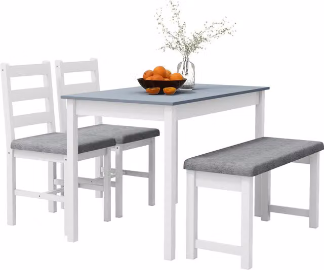 Set da pranzo HOMCOM moderno composto da 1 tavolo rettangolare, 1 panca e 2 sedie in legno di pino, colore grigio e bianco
