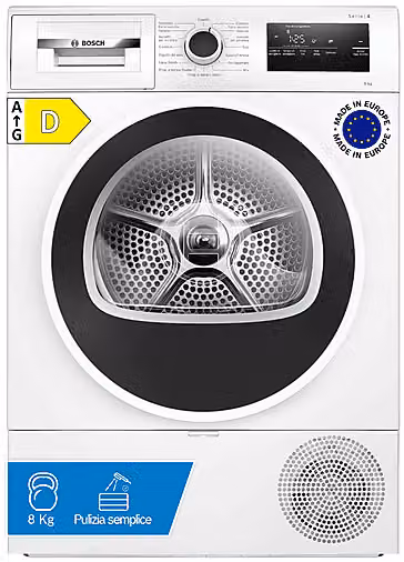 Asciugatrice a condensazione Bosch Serie 4, capacità 8 kg, colore bianco, L: 59,8 cm, P: 64,8 cm, H: 84,2 cm