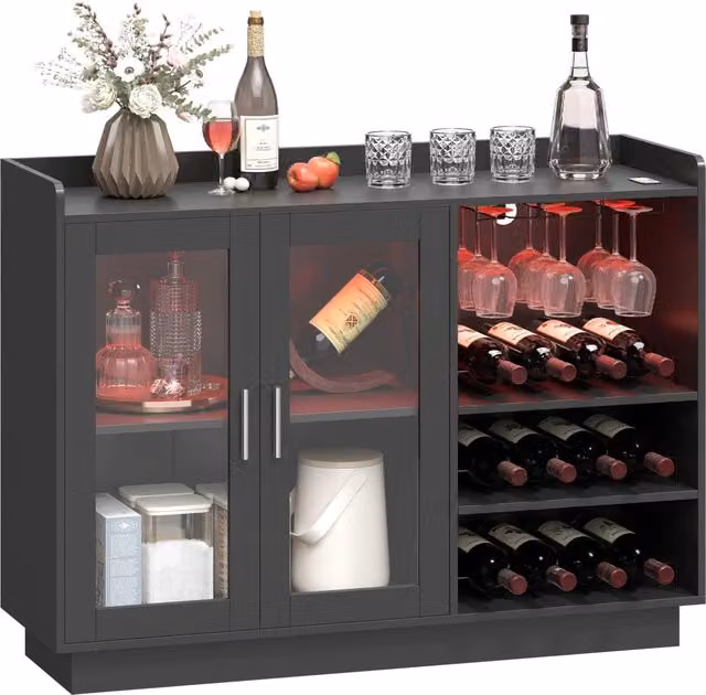 Mobile Portabottiglie Moderno con Luce LED e Ante in Vetro, in Legno e MDF, Nero, L: 120 cm, P: 38 cm, H: 88 cm