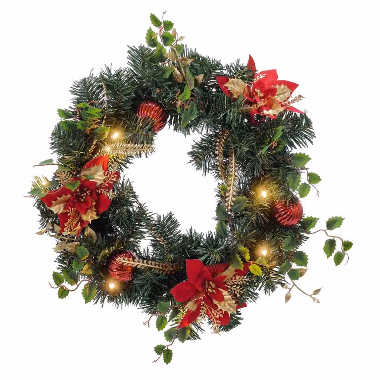 Ghirlanda Natalizia Artificiale DICTROLUX con 10 LED Bianco Caldo, Decorazione Verde, Rossa e Oro, Diametro: 40 cm