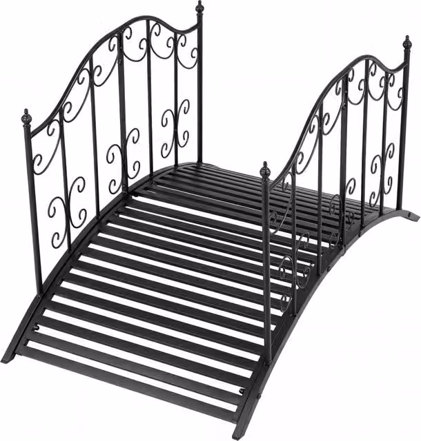 Ponte da giardino in metallo nero con ringhiere di sicurezza e decorazioni floreali, L/P/H: 118 x 67 x 70 cm