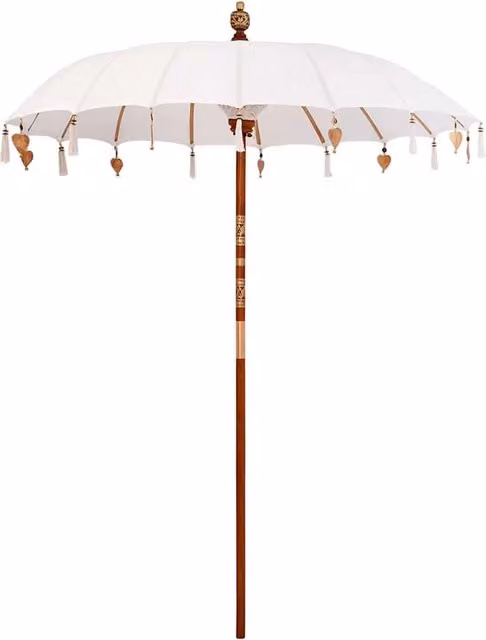 Ombrellone da giardino balinese rotondo in cotone con campanellini e nappe HELLOSHOP26 color beige e bianco L/P/H: 185 x 185 x 260 cm