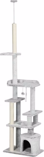 Albero Tiragraffi per Gatti a Soffitto PawHut con Piattaforme e Casetta, Grigio e Beige, L/P/H: 40 x 60 x 225-255 cm