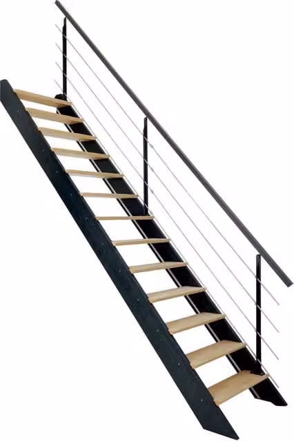 Scala rettilinea Kordo con balaustra in acciaio effetto legno color grigio antracite