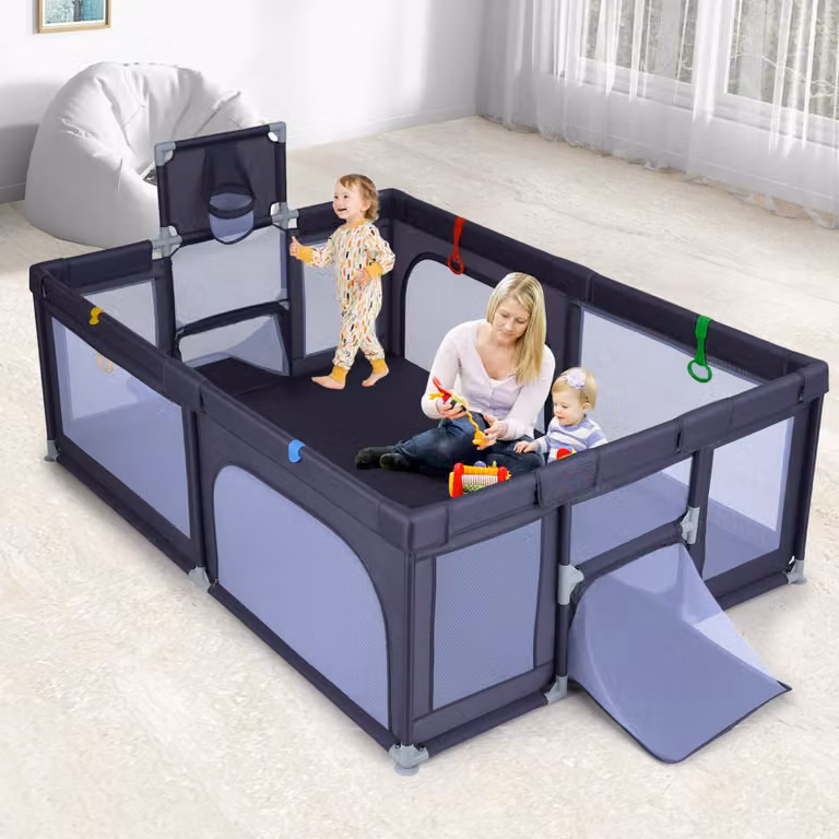 Area giochi Costway con canestro da basket e palline oceaniche, recinto rettangolare in metallo per bambini, Grigio scuro