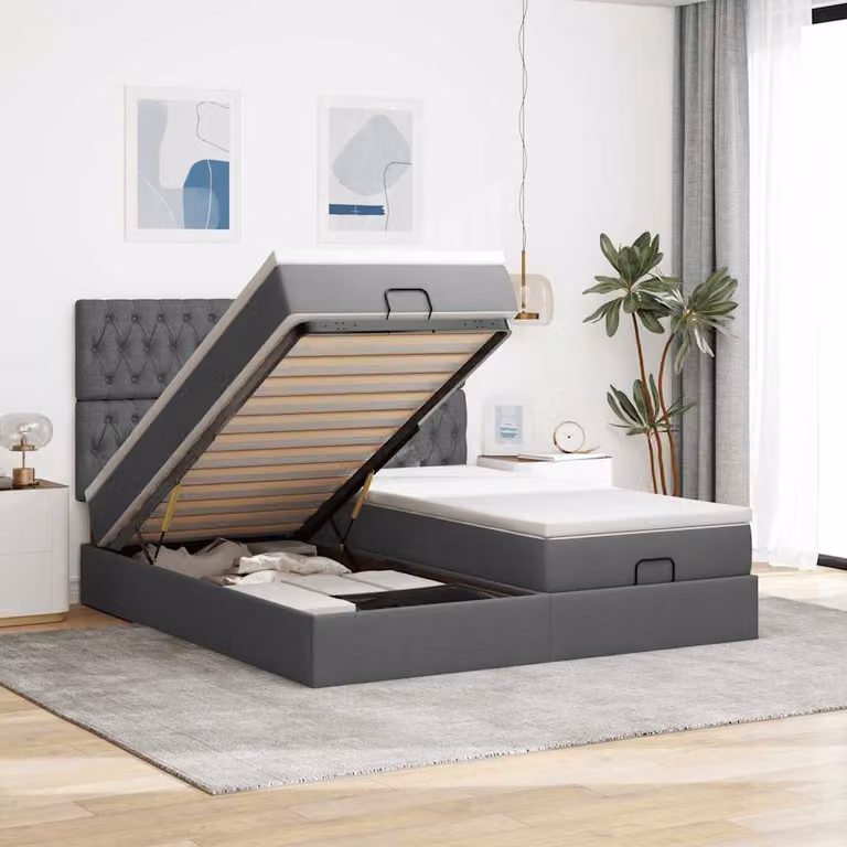 Letto matrimoniale moderno vidaXL con contenitore a sollevamento, materasso e illuminazione sottostante, grigio e bianco, L: 180 cm, P: 200 cm, H: 203 cm