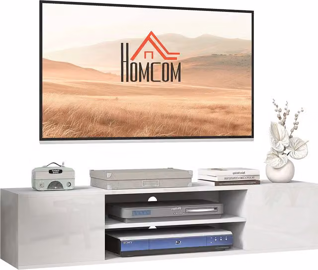 Mobile TV sospeso HOMCOM in stile moderno bianco con 2 armadietti, 2 nicchie e passacavi, L 140 x P 30 x H 30 cm