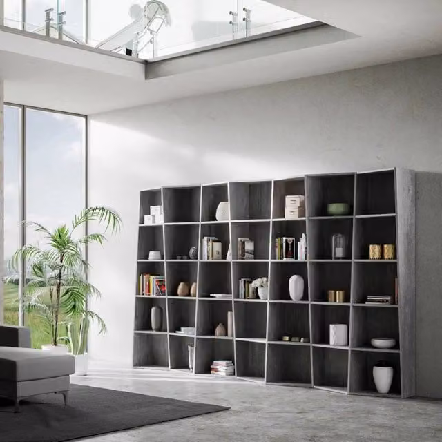 Libreria Trek Itamoby con 7 elementi, colore Cemento, H 200 cm x L 317 cm x P 35 cm