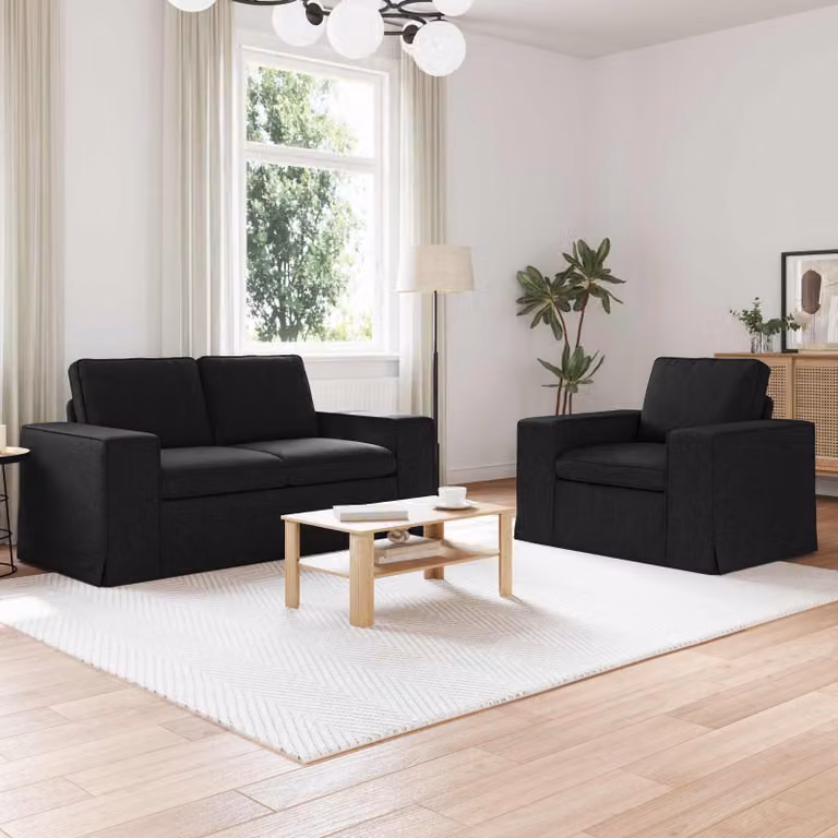 Set di 2 divani moderni vidaXL in tessuto nero con struttura in metallo L/P/H: 182 x 80 x 82 cm