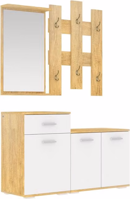 Mobile Ingresso GIORDANOSHOP con Specchio, Appendiabiti, Scarpiera e Panca in Legno e Metallo, Bianco e Marrone