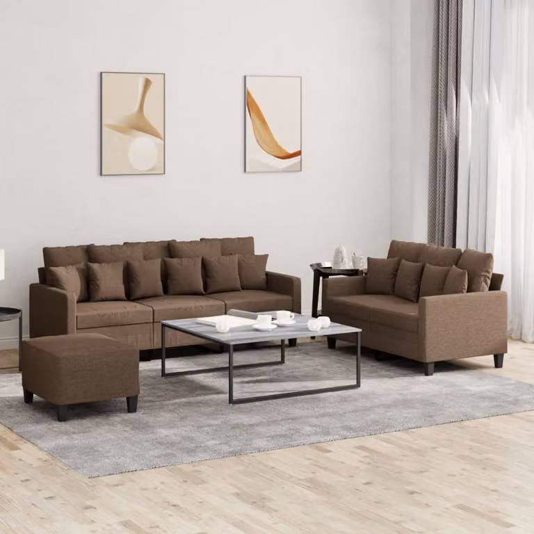 Set di divani 3 pezzi vidaXL con pouf e cuscini, moderno in tessuto marrone per soggiorno