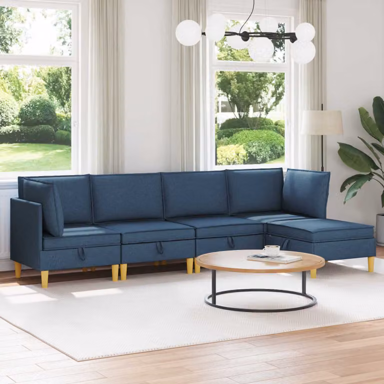 Set di divani modulari vidaXL a forma di L in tessuto blu con spazio di archiviazione, 5 pezzi