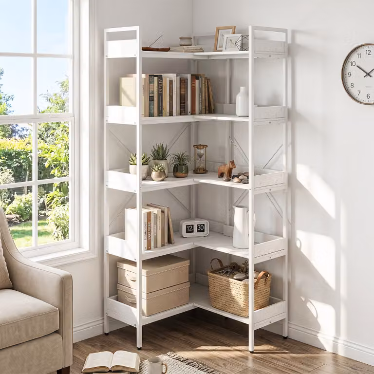 Libreria angolare Costway a 5 livelli in legno e acciaio, scaffale salvaspazio bianco per salotto, cucina o ufficio