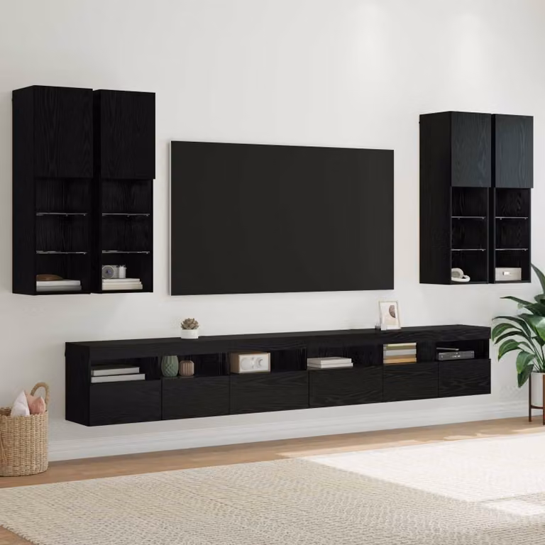 Set di 7 pezzi Mobiletto TV da parete moderno vidaXL in Rovere e Nero