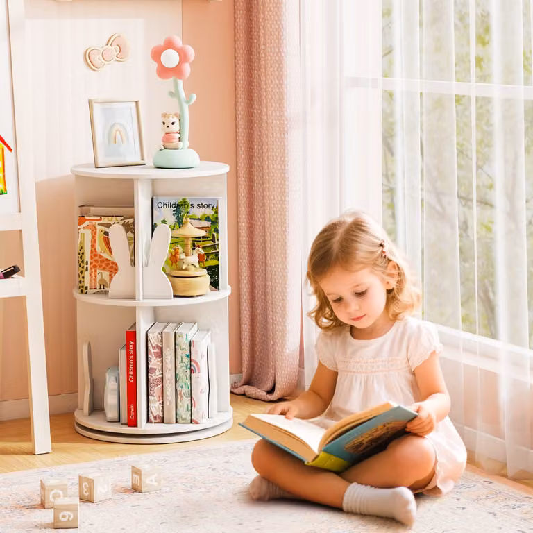 Libreria rotante per bambini Costway con 2 ripiani e paratie a forma di coniglio, colore bianco