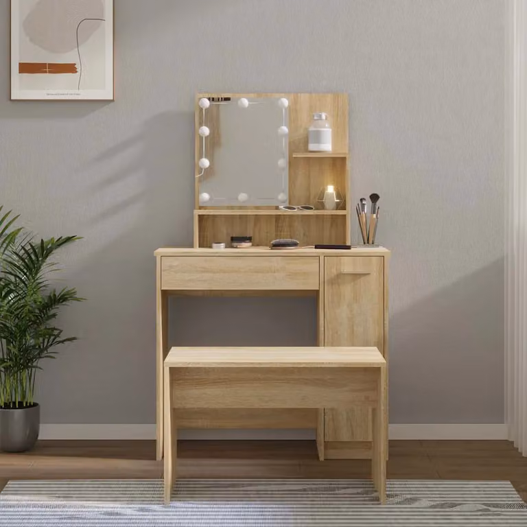 Set Tavolo da Toeletta con LED vidaXL in Legno Rovere e MDF, Colore Marrone, L: 136 cm, P: 35 cm, H: 86,5 cm