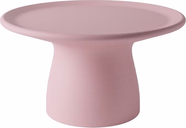 Tavolino basso Totino Qeeboo in polietilene rosa con piano rotondo e finitura opaca