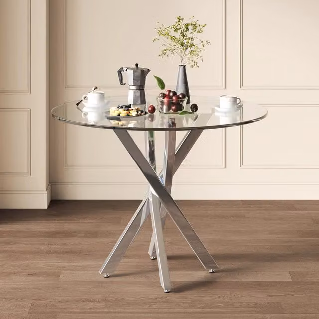 Tavolo da pranzo moderno OKWISH con piano in vetro trasparente e gambe in metallo argento, L/P/H: 80 x 80 x 75 cm