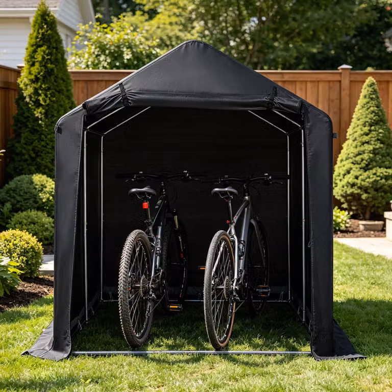 Garage per moto e bici da esterno Costway con struttura in acciaio zincato e finestre laterali, Nero, H: 218 cm