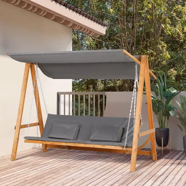 Altalena da giardino REDOM a 3 posti con letto convertibile, in legno massello trattato grigio, con tendalino parasole e braccioli, L: 250 cm, P: 113 cm, H: 180 cm