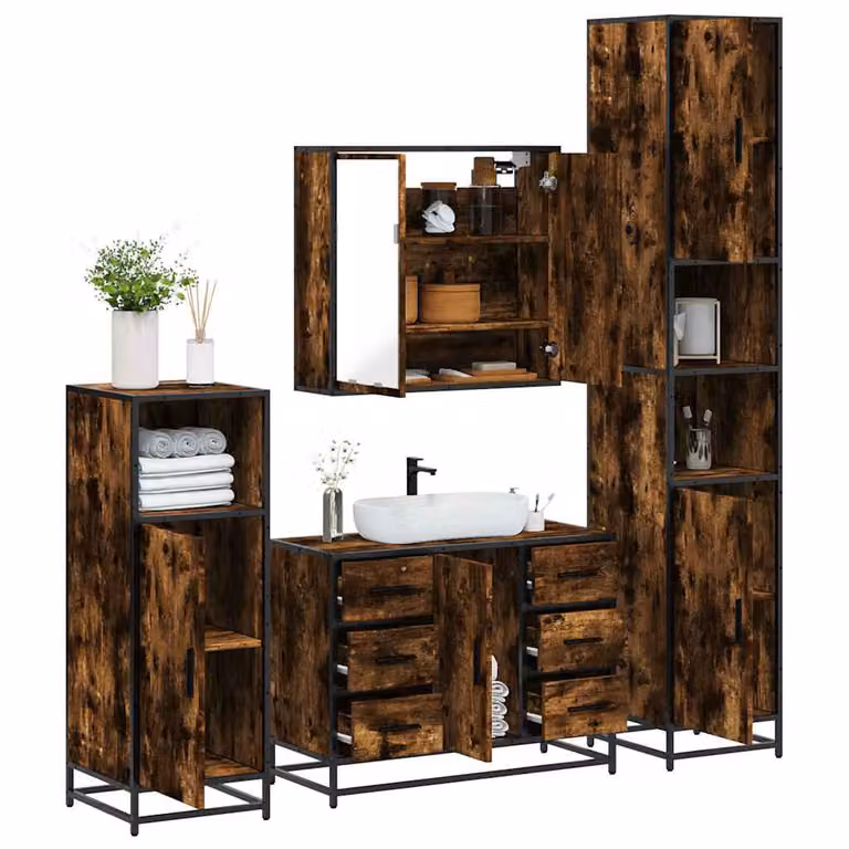 Set di mobili da bagno industrial vidaXL in legno e metallo marrone, composto da armadietto con specchio, mobile lavabo, mobile laterale e colonna alta