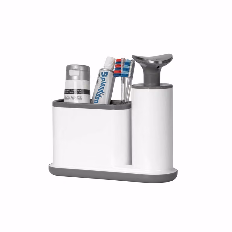 Dispenser sapone con portaoggetti in polipropilene VESTIAMO CASA, grigio o bianco, capacità 280 ml