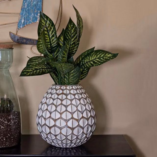 Vaso da tavolo Bareti con design geometrico e forma rotonda, Bianco e Beige, in ceramica e plastica
