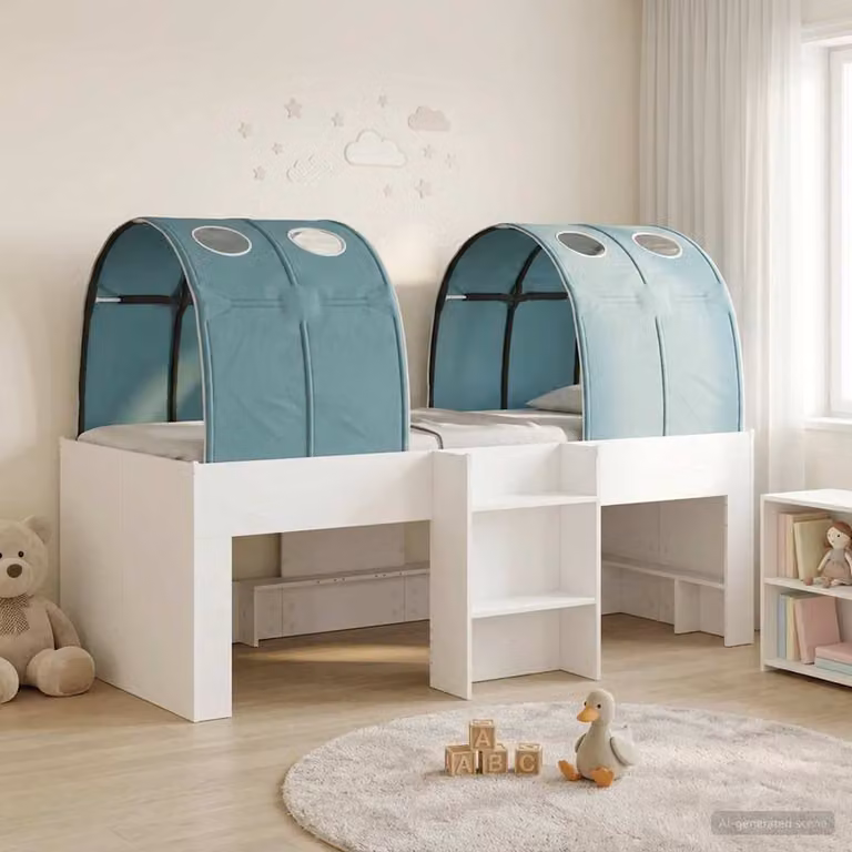 Letto alto per bambini vidaXL con tunnel, 3 pezzi, bianco e azzurro, L: 203 cm, P: 120 cm, H: 111 cm