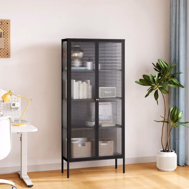 Mobile Vetrina Vinterhavn en.casa con Ante in Vetro e Ripiani, Nero, L: 180 cm, H: 80 cm, P: 35 cm