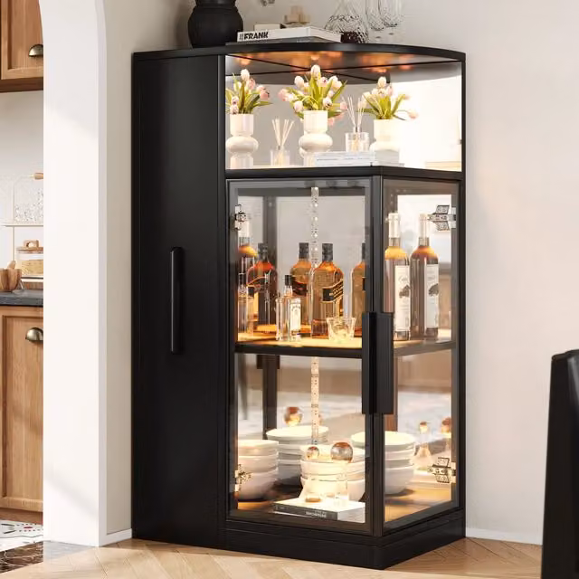 Vetrina FOLYNA con LED, ante in vetro temperato e mobile laterale estraibile, colore nero e trasparente, L: 64 cm, P: 42 cm, H: 112 cm