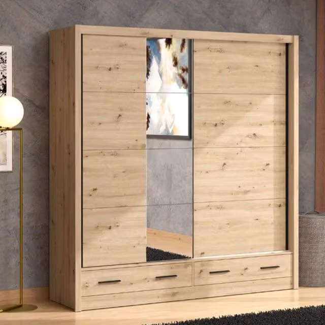 Armadio Copala DMORA per camera da letto con ante scorrevoli, specchio e cassetti integrati, colore marrone rovere, L: 205 cm, P: 60 cm, H: 216 cm