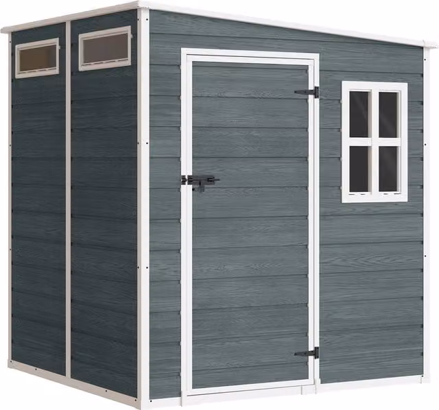 Ripostiglio esterno Outsunny con porta bloccabile e pavimento per giardino, grigio invecchiato, L: 182 cm x P: 182 cm x H: 182 cm