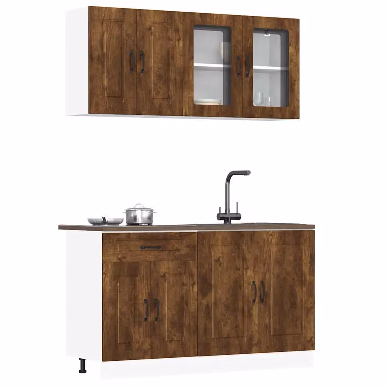 Set di mobili da cucina moderno vidaXL Kalmar in legno Rovere Fumo marrone con ante in vetro, 4 pezzi