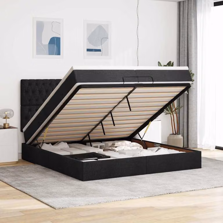 Letto matrimoniale con contenitore a sollevamento vidaXL in tessuto nero con porta USB e illuminazione sottostante L: 200 cm, P: 200 cm, H: 28 cm
