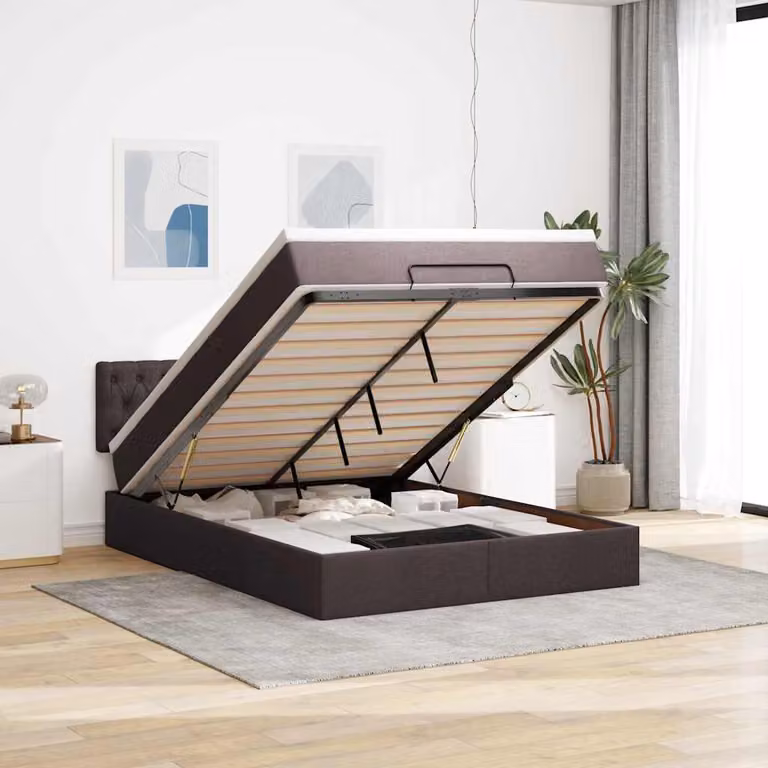 Letto con contenitore a sollevamento e materasso vidaXL in tessuto, disponibile in marrone, bianco o grigio, L: 140 cm, P: 200 cm, H: 88 cm