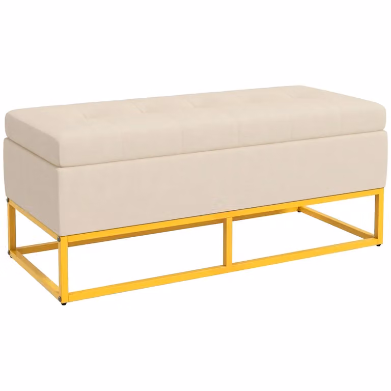 Cassettiera Minimal con Seduta Imbottita in Velluto Beige e Acciaio Oro L: 110 cm, P: 44 cm, H: 49 cm