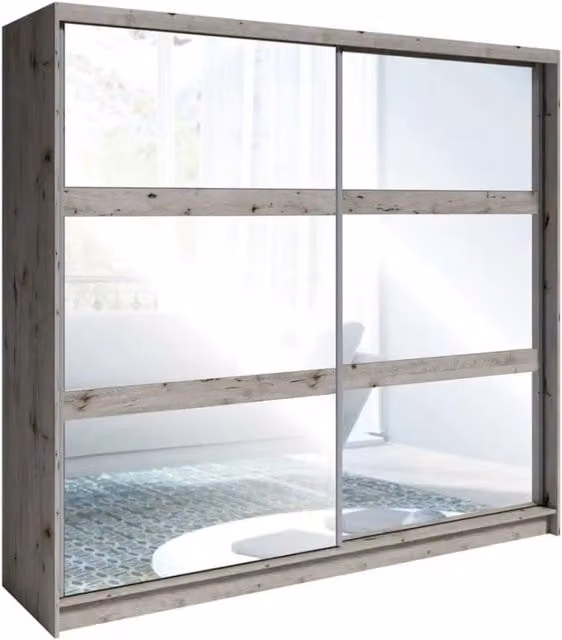 Armadio Meublorama con 2 ante scorrevoli e specchio, Colore Rovere Marrone, L: 230 cm, H: 215 cm, P: 62 cm