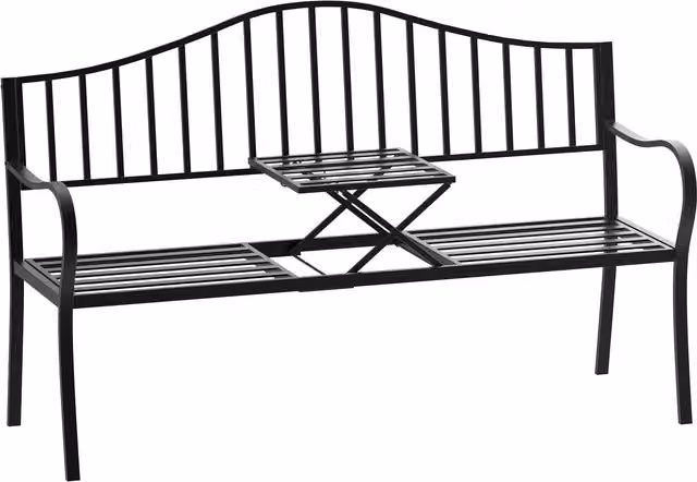 Panchina da giardino Outsunny per 2 persone con tavolino estensibile in metallo nero L: 150 cm, P: 53 cm, H: 95 cm