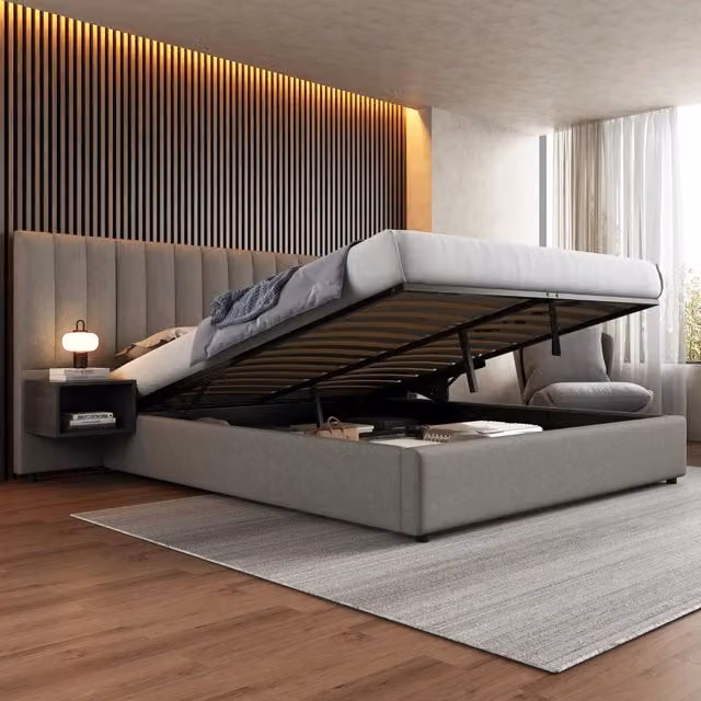 Letto imbottito moderno con contenitore idraulico e 2 comodini in tessuto, L/P: 180 x 200 cm, grigio e nero